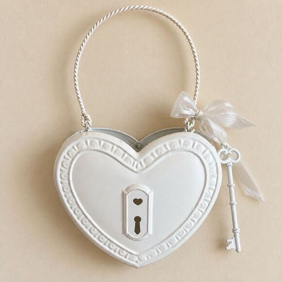 Unbranded Other - White Metal Heart-Shaped Hanging Lock Box w/ Key Ribbon Bow Small 7in x 5in